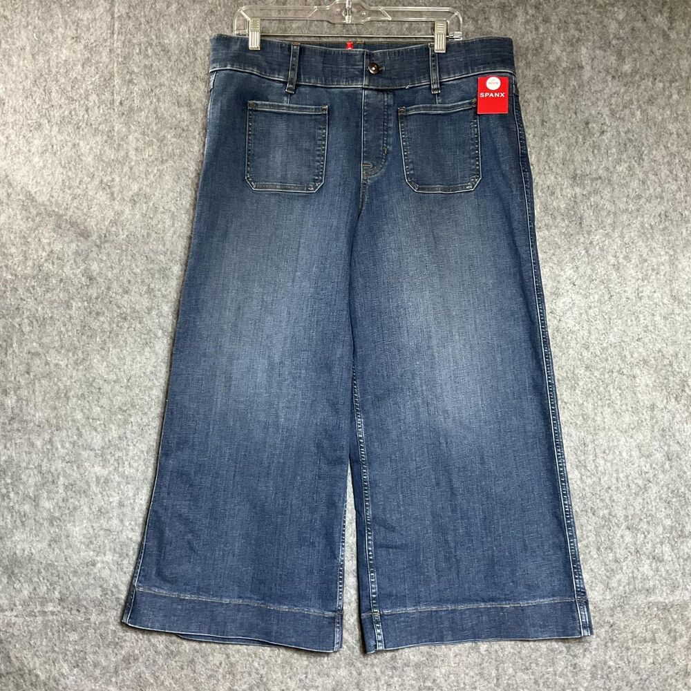 Spanx Jeans Women Petite 1X Medium Wash High Rise Wide Leg Cropped Stretch 36x23